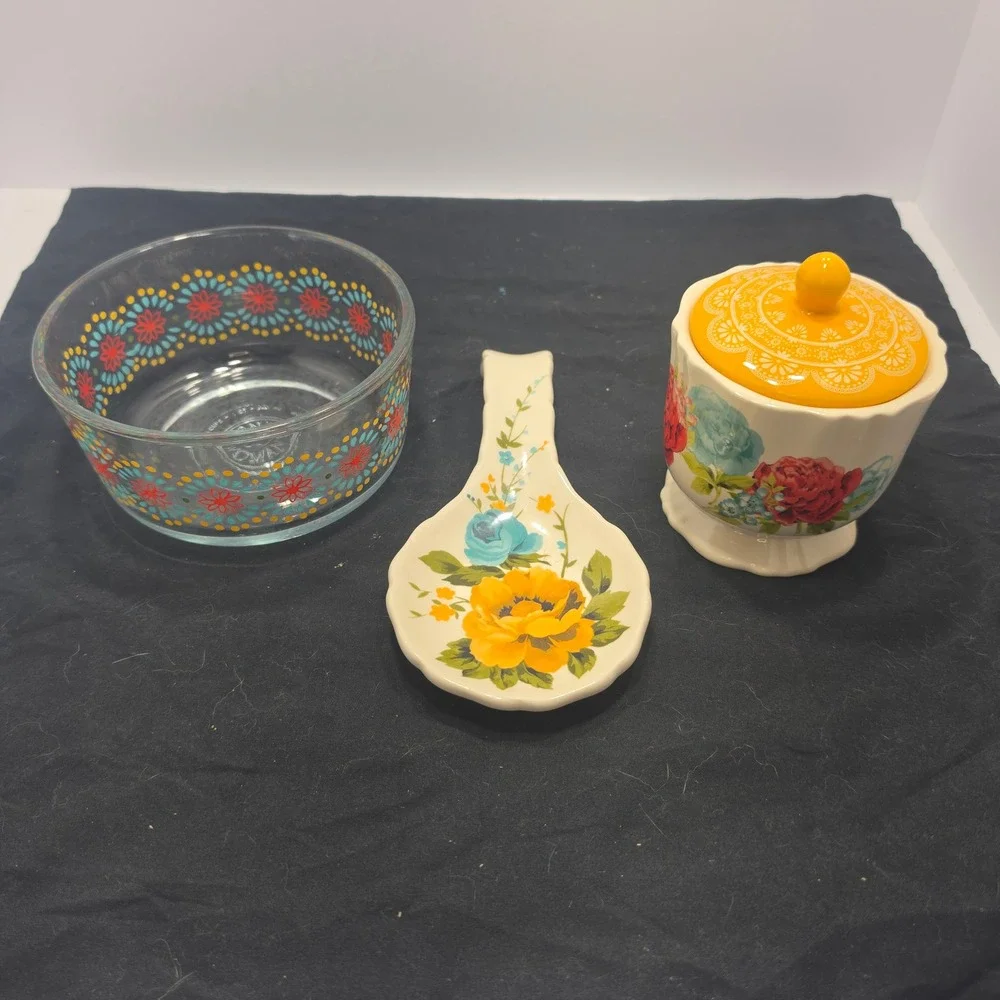 Pioneer Woman 3pc Kitchen Set Sugar Bowl Spoon Rest Glass Floral Bowl Multicolor
